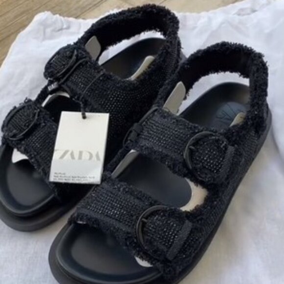 ZARA BLACK FLAT SLIDER SANDALS TWEED FABRIC RHINESTONES. SIZE US 9 3663/110/800 - Picture 6 of 7